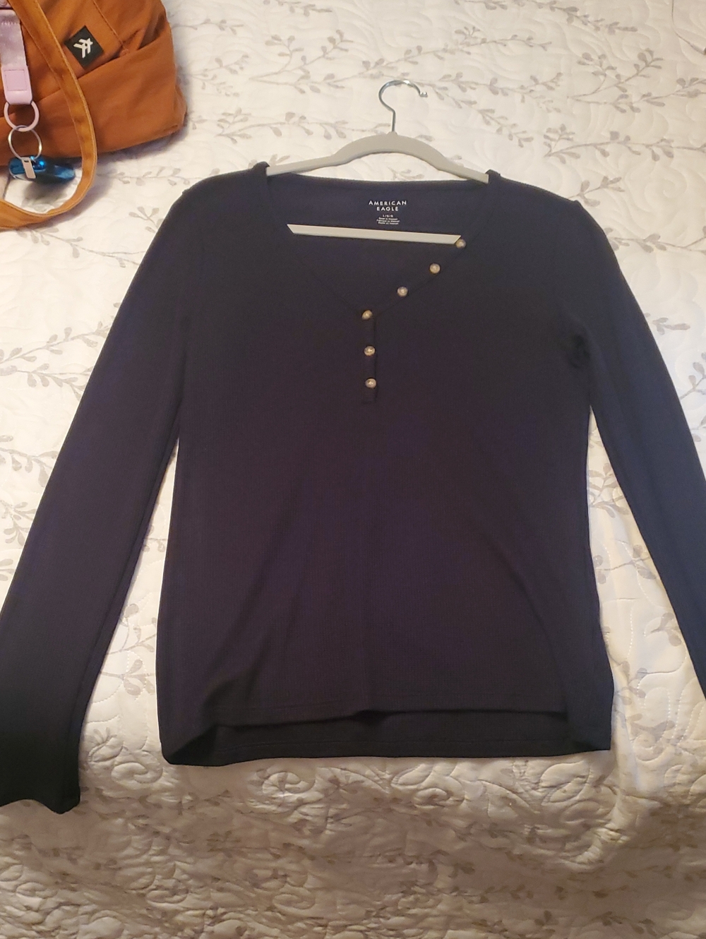American Eagle Outfitters Black Long-Sleeve Thermal Top with Buttons